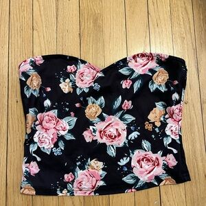 SHEIN Black Strapless Floral Bustier Top with Pink Roses